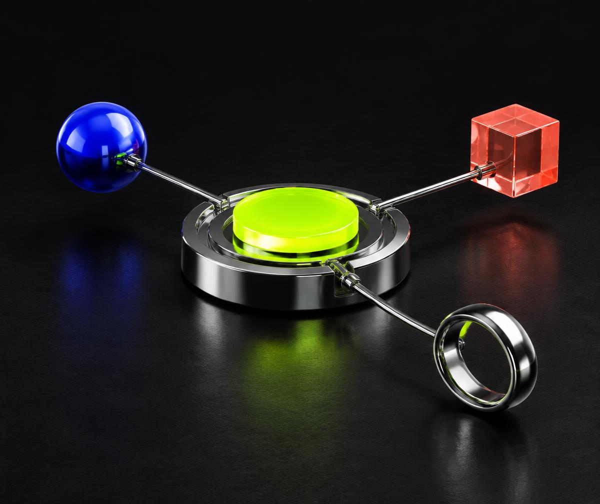 A vivid green launch pad connected to a sphere, cube, and ring